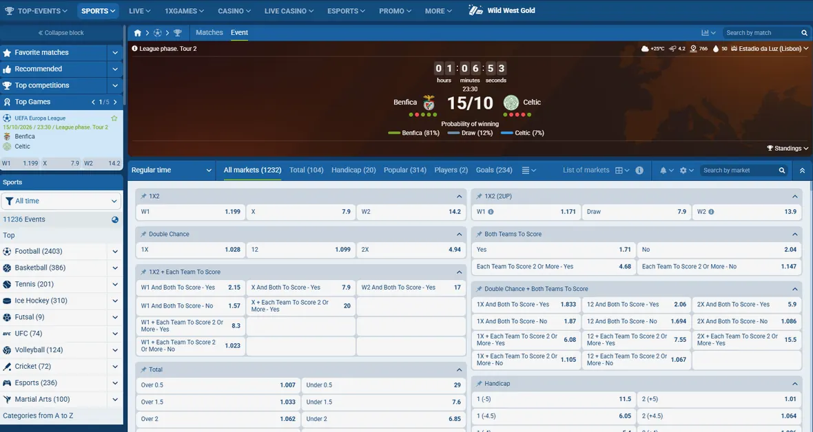 1xbet match card with the open market list