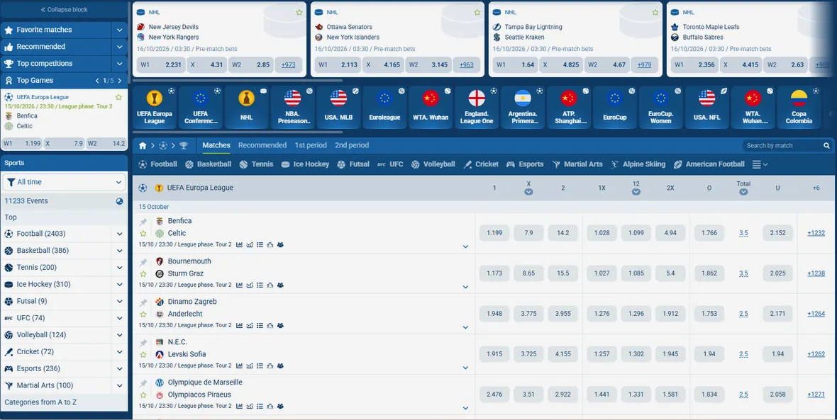 1xbet sports list with an odds table